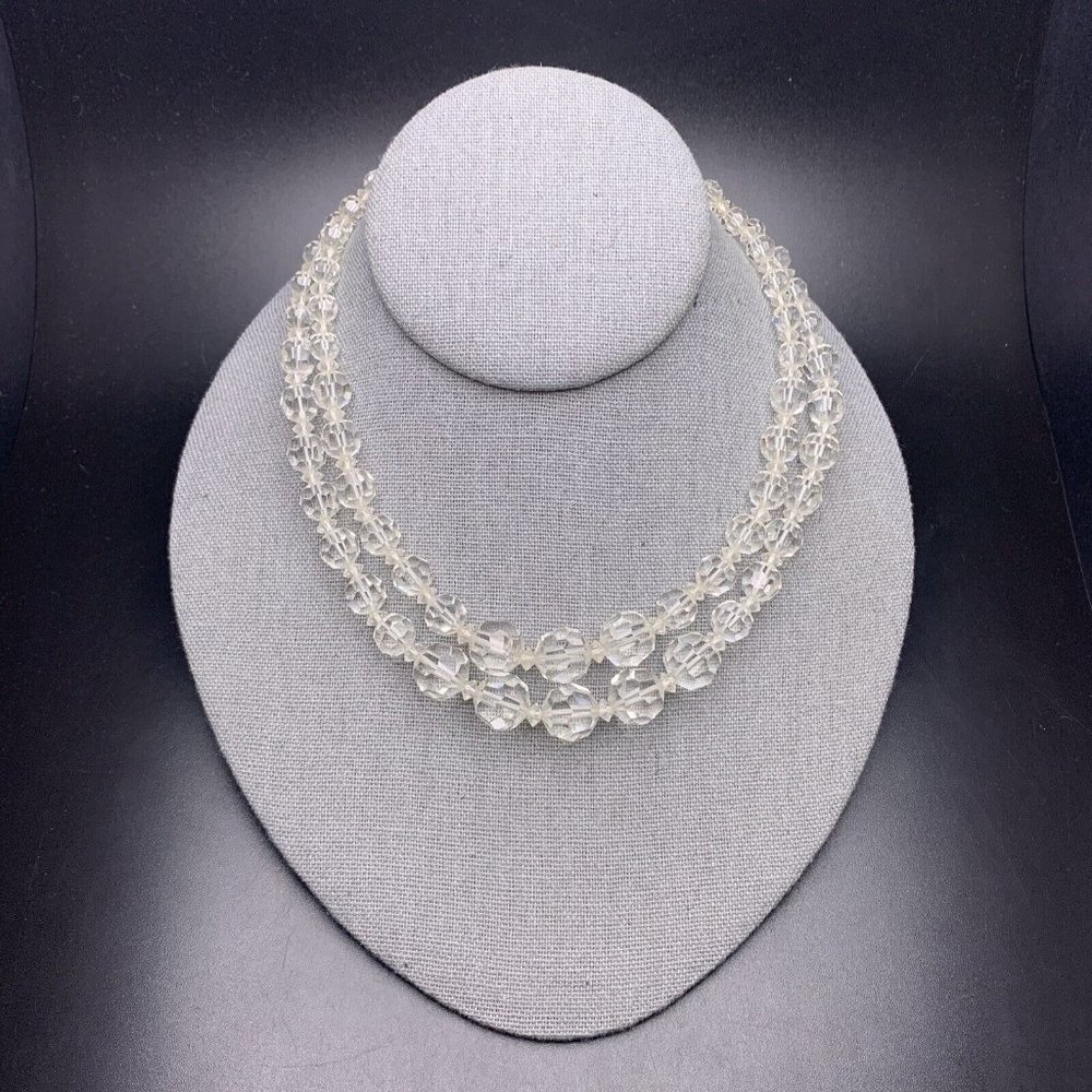 Marvella Clear Glass Bead Necklace Double Strand Faceted Beaded Collar Vintage